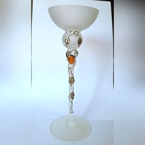Vintage Frosted Glass Sterling Silver Amber Leaf Design Candlestick Tall Holder